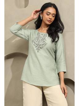 Soch - Women Green Solid/Plain Cotton Blend Tunic