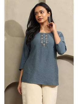 Soch - Women Blue Embroidered Cotton Blend Tunic