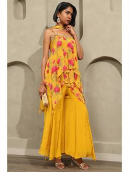 Soch - Mustard Floral Chinon Top, Pair Of Unstitched Sleeves and Palazzo with Dupatta