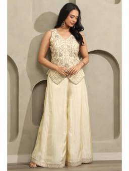 Soch - Women Beige Floral Tissue Top and Pair Of Unstitched Sleeves with Palazzo