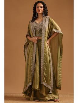 Soch - Women Olive Embellished/Sequined Silk Blend Crop Top and Cape with Skirt