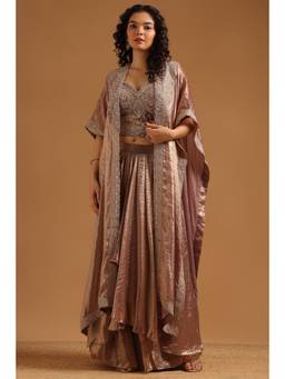 Soch - Women Purple Embellished/Sequined Silk Blend Crop Top and Cape with Skirt