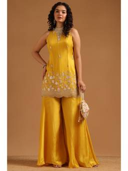 Soch - Mustard Embroidered Tissue Kurti, Pair Of Unstitched Sleeves and Palazzo with Dupatta
