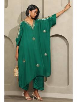 Soch - Women Green Embellished/Sequined Satin Kaftan with Palazzo
