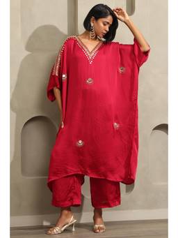 Soch - Women Maroon Embellished/Sequined Satin Kaftan with Palazzo