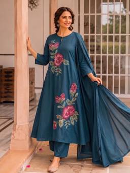 Autumnlane - Women Teal Embellished/Sequined Cotton Kurta and Pant with Dupatta