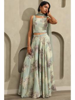 Soch - Women Green Printed Tissue Crop Top and Palazzo with Dupatta