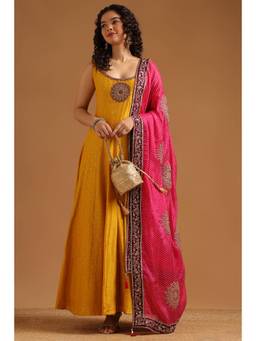 Soch - Mustard Woven Cotton Anarkali Kurta and Unstitched Sleeves with Dupatta