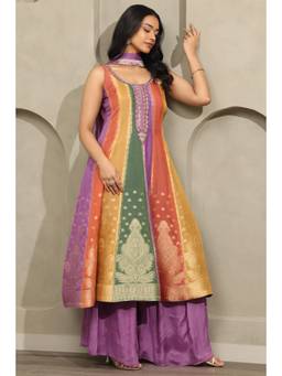 Soch - Multi-Color Embroidered Brocade Kurta, Unstitched Sleeves and Palazzo with Dupatta