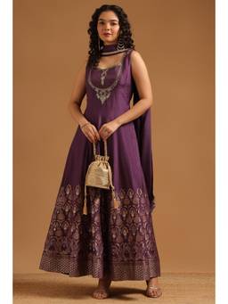 Soch - Women Purple Woven Brocade Anarkali Kurta and Pair Of Unstitched Sleeves with Dupatta