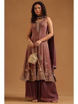 Soch - Pink Embroidered Tissue Kurta, Pair Of Unstitched Sleeves and Palazzo with Dupatta