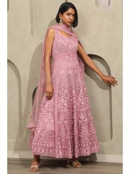 Soch - Women Pink Floral Net Anarkali Kurta and Pair Of Unstitched Sleeves with Dupatta
