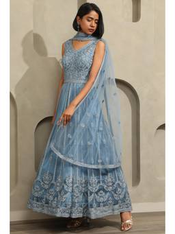 Soch - Women Blue Floral Net Anarkali Kurta and Pair Of Unstitched Sleeves with Dupatta