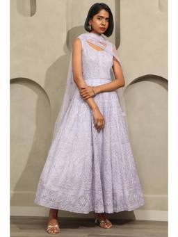 Soch - Purple Embroidered Net Anarkali Kurta and Unstitched Sleeves with Dupatta