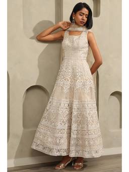 Soch - Beige Embroidered Net Anarkali Kurta and Unstitched Sleeves with Dupatta