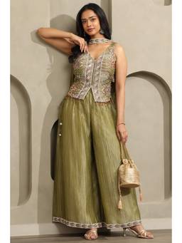 Soch - Women Olive Floral Tissue Top and Palazzo with Dupatta