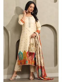 Soch - Women Beige Printed Silk Blend Kurta and Pant with Dupatta