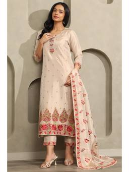 Soch - Women Beige Floral Tissue Kurta and Pant with Dupatta