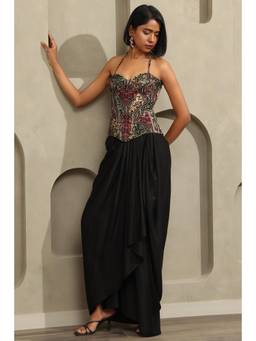 Soch - Women Black Printed Satin Corset Top with Skirt