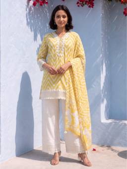 Autumnlane - Women Yellow Printed Cotton Kurti and Pant with Dupatta