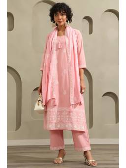Soch - Women Pink Floral Cotton Kurta and Pant with Dupatta