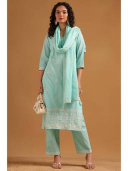 Soch - Women Blue Embroidered Cotton Kurta and Pant with Dupatta