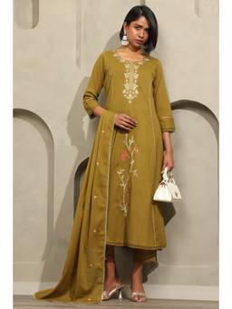 Soch - Women Olive Floral Cotton Kurta and Pant with Dupatta