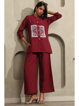 Soch - Women Maroon Solid/Plain Cotton Blend Co-Ord Set