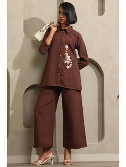 Soch - Women Brown Floral Cotton Blend Shirt with Pant