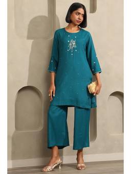 Soch - Women Teal Solid/Plain Silk Blend Tunic with Pant