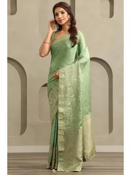 Soch - Women Olive Woven Satin Saree with Unstitched Blouse