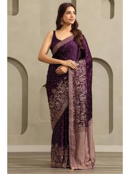 Soch - Women Purple Woven Satin Saree with Unstitched Blouse