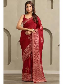 Soch - Women Red Woven Satin Saree with Unstitched Blouse