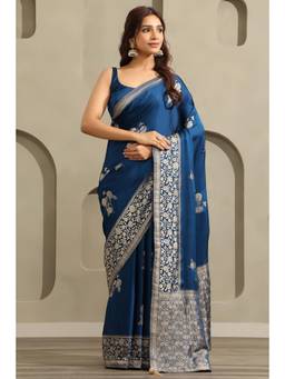 Soch - Women Navy Blue Woven Satin Saree with Unstitched Blouse