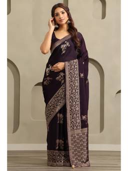 Soch - Women Purple Woven Satin Saree with Unstitched Blouse