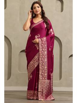 Soch - Women Wine Woven Satin Saree with Unstitched Blouse