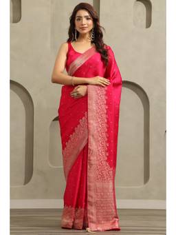 Soch - Women Pink Woven Satin Saree with Unstitched Blouse