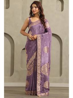 Soch - Women Lavender Woven Crepe Saree with Unstitched Blouse