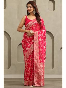 Soch - Women Pink Woven Crepe Saree with Unstitched Blouse
