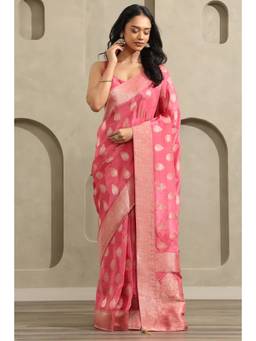 Soch - Women Pink Woven Crepe Saree with Unstitched Blouse