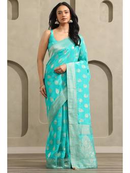 Soch - Women Blue Woven Crepe Saree with Unstitched Blouse