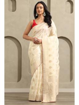Soch - Women Cream Woven Crepe Saree with Unstitched Blouse