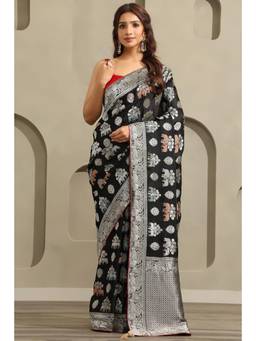 Soch - Women Black Woven Satin Saree with Unstitched Blouse