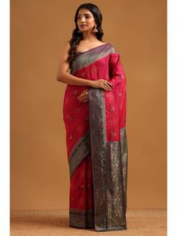 Soch - Women Pink Woven Silk Saree with Unstitched Blouse