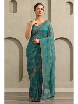 Soch - Women Teal Embellished/Sequined Chiffon Saree with Unstitched Blouse