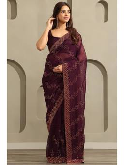 Soch - Women Wine Embellished/Sequined Chiffon Saree with Unstitched Blouse