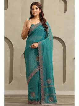 Soch - Women Teal Embellished/Sequined Chiffon Saree with Unstitched Blouse