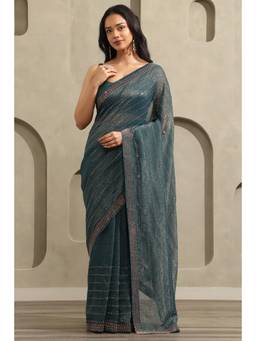 Soch - Women Blue Embellished/Sequined Chiffon Saree with Unstitched Blouse