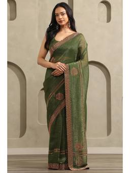 Soch - Women Olive Embellished/Sequined Chiffon Saree with Unstitched Blouse