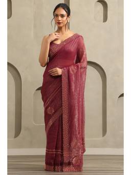 Soch - Women Wine Embellished/Sequined Chiffon Saree with Unstitched Blouse